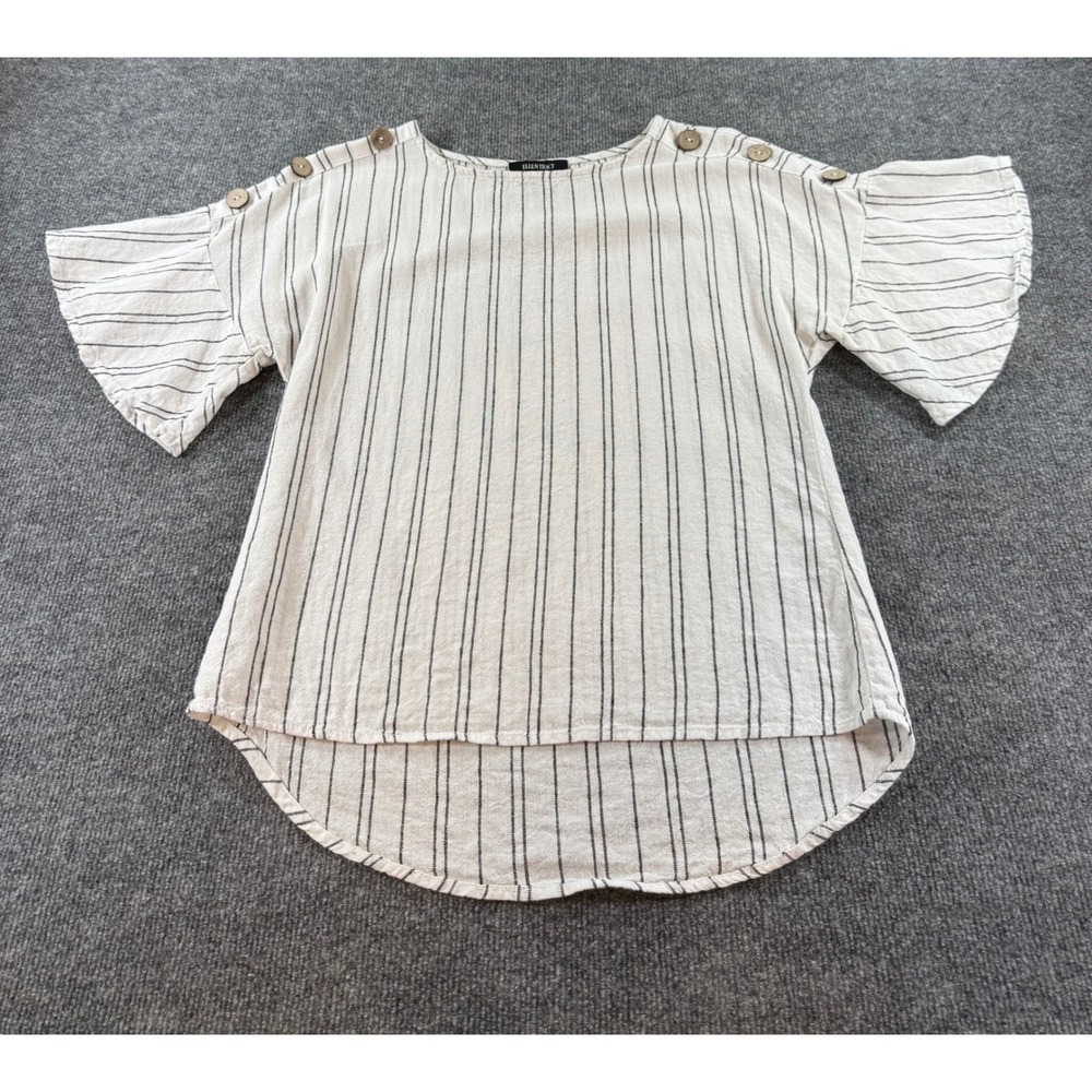 Ellen Tracy Striped Linen Blend Flutter Sleeve Top Cream Black Small ETWS2031